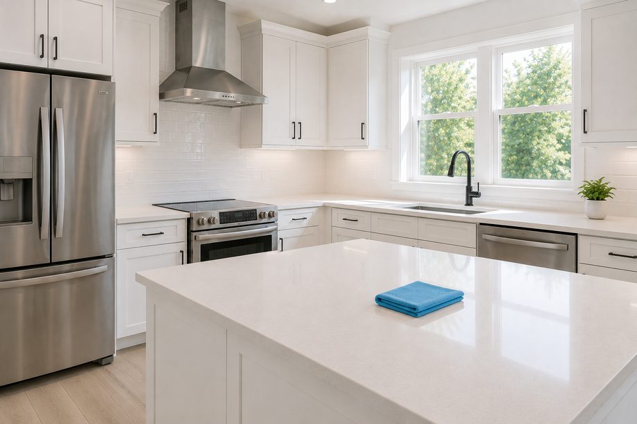 Immaculate kitchen with clear counters and spotless appliances