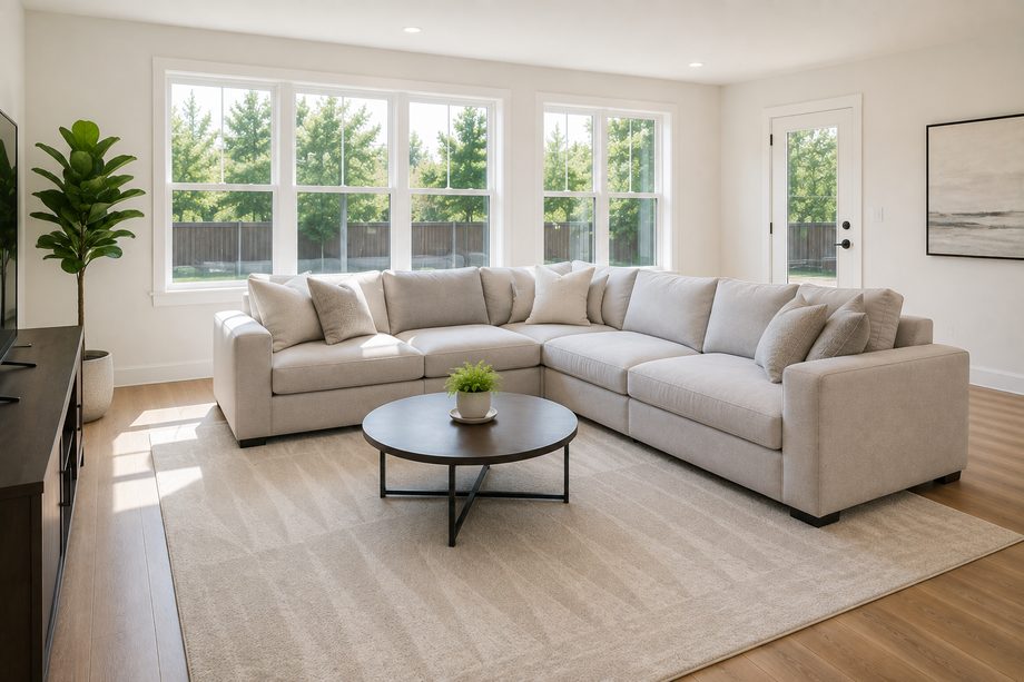 A freshly cleaned, bright living room with vacuum lines in the rug