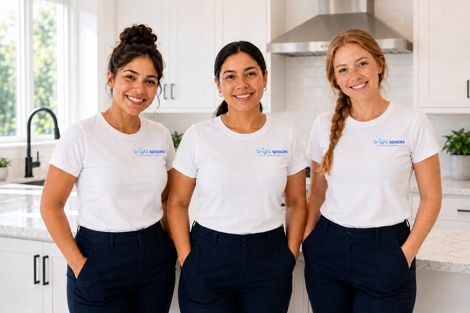 The Bright Spaces cleaning team smiling in a sunlit Baton Rouge kitchen