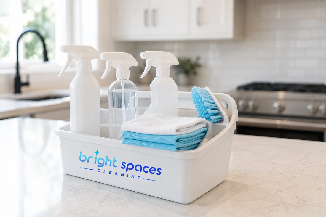 A Bright Spaces supply caddy staged on a clean kitchen counter